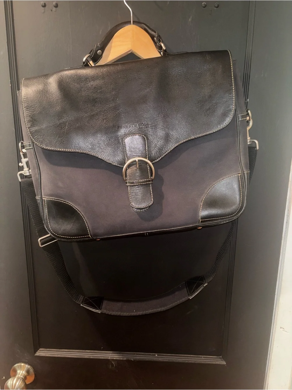 Kenneth Cole New York Black Leather Canvas Messenger Briefcase Bag Laptop